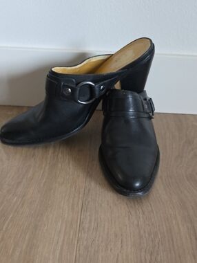 Gianni Bini Black Leather Mule Sandals with Silver Buckle